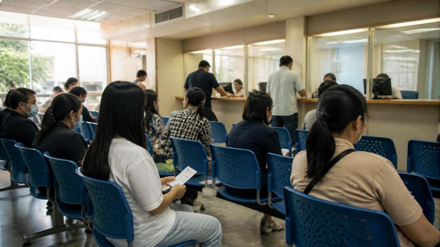 ผู้รับบริการนั่งรอคิวพร้อมบัตรคิวในห้องบริการของกรมการกงสุล — ประกอบเนื้อหาหัวข้อ “กรณีการใช้งานที่พบบ่อย บริการวีซ่าไทยสำหรับชาวต่างชาติแบบครบวงจร” ของบริการวีซ่าและตรวจคนเข้าเมือง
